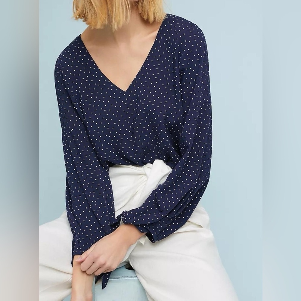 Anthropologie Maeve Pernille Tie-Sleeve Blouse in Navy Blue XS